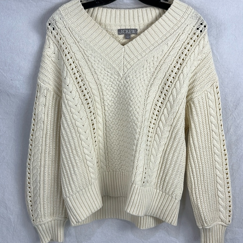 J. Crew Cream Cable-Knit V-Neck Sweater
